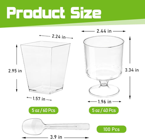 200 Pack 5 oz Plastic Dessert Cups with Spoons, Disposable Parfait Shooter Pudding Jello Cups Goblets for Party, Clear