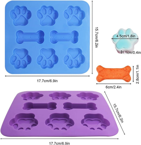 3 Pcs Silicone Molds, Puppy Dog Paw & Bone Shaped 2 in 1, 8-Cavity Baking Pans, Reusable Ice Candy Trays (Pink, Blue,