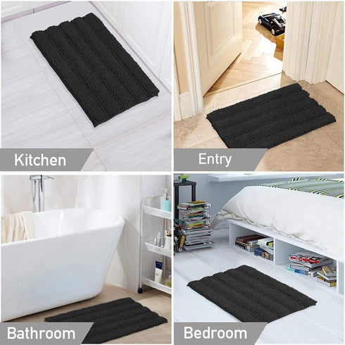 Turquoize Luxury Chenille Bath Rug, Extra Absorbent Non Slip Microfiber Shower Rug, 17"x 24", Black