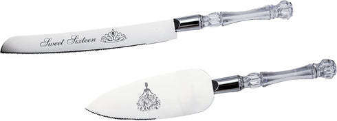 Lassos Boutique Sweet Sixteen16 Quinceanera Cake Serving and Knife Set, Birthday Cake Cutting Set. Feliz 16 Anos Decoration, Acrylic Handle, Stainless Steel, Silver by Lassos Boutique