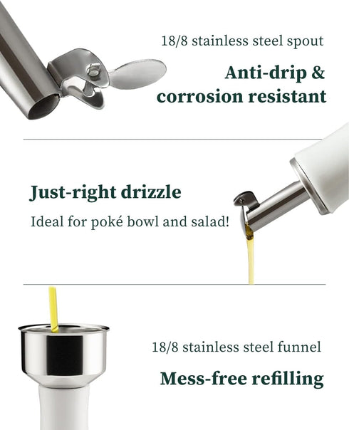 Set, 12 oz/350ml, 2 Pack, HOMBENE Ceramic Oil & Vinegar Dispenser Dripless Spout, Porcelain, Reusable, Cooking