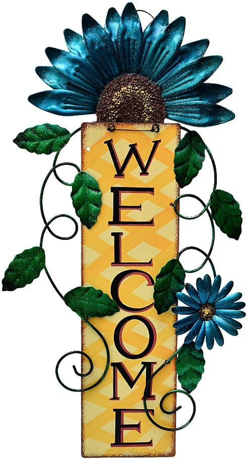 Welcome Sign for Front Door Decor, Metal Flower Hanging Wall Art for Indoor Outdoor Patio Garden Yard, 15.25X8.5In (C)
