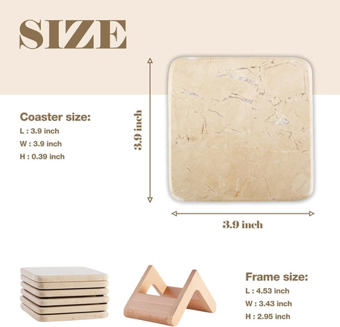 Set 6 3.9" inches Koville of Natural Marble Coasters for Coffee Table with Holder, Beige Yellow Marble Coaster Square