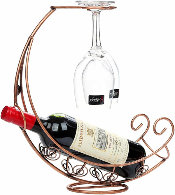 Homya Tabletop Metal Wine Bottle Rack, Elevated Vertical Countertop Organizer for 1 Bottle and 2 Glasses