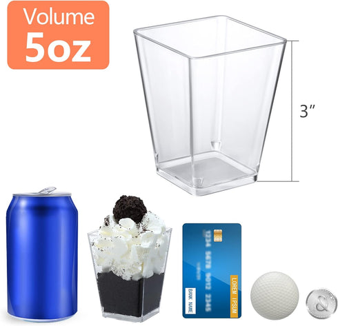 5 oz 100 Pack SHOPDAY Plastic Dessert Cups Small Clear Square Parfait Cups with Spoons, Mini Plastic Tumbler Serving