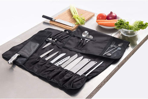 HERSENT Chef Knife Roll Bag with 17 Slots, Holds 13 Knives, 1 Meat Cleaver, Durable with Handle & Shoulder Strap
