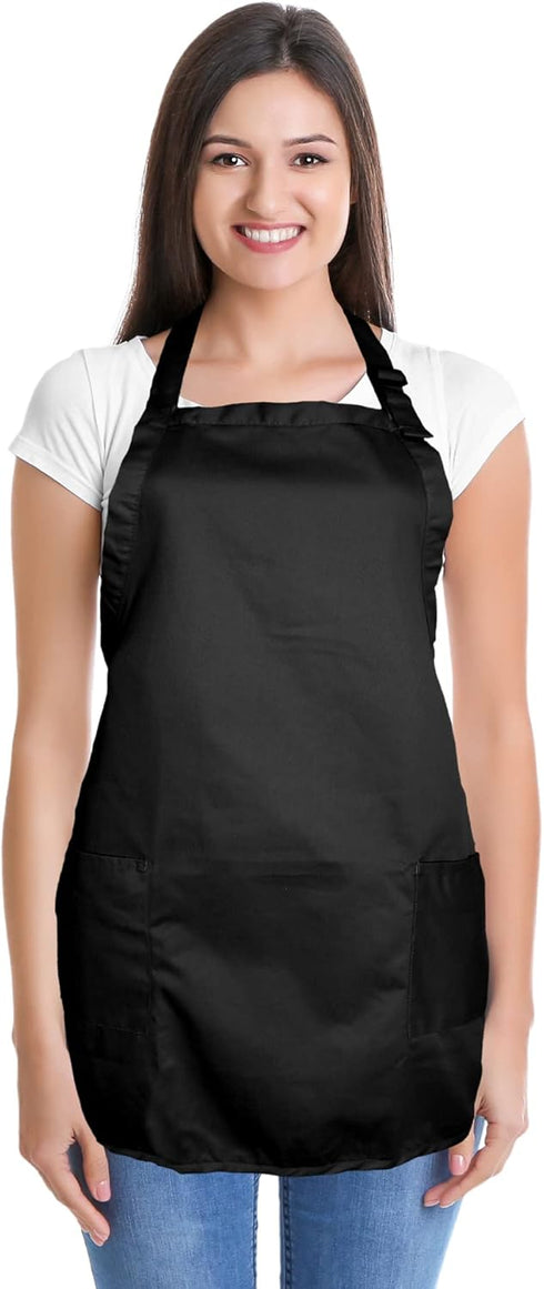 DALIX Apron Commercial Restaurant Home Bib Spun Poly Cotton Kitchen Aprons with 2 Pockets in Black