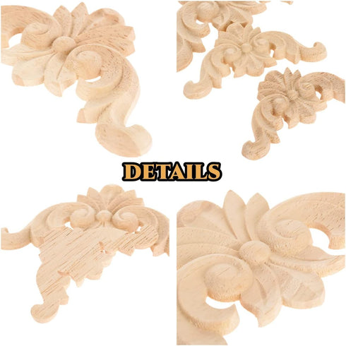 4-Pack, 12x12cm/4.72"x4.72" MUXSAM Wood Carved Onlay Appliques, Unpainted Wooden Corner Carving Decals, Furniture Decor