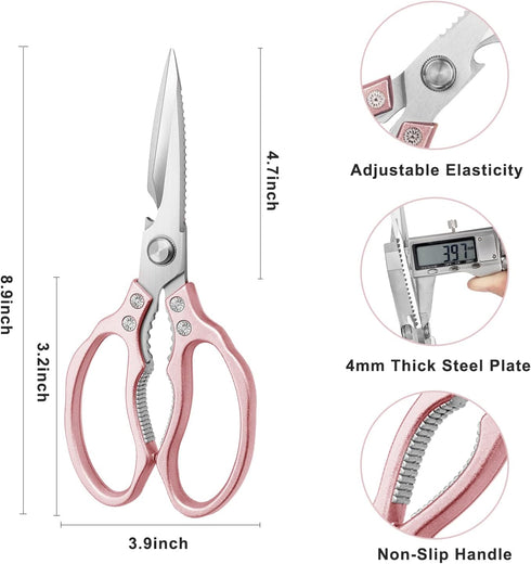 Heavy Duty Kitchen Scissors, Sharp Shears for Meat, Chicken, Fish, Poultry, Herbs, and Bread - Rose Gold, Dishwasher