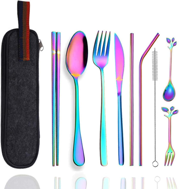Travel Utensils Set with Case - Reusable Stainless Steel Silverware, 9 Pcs Portable Cutlery Set for Lunch Boxes,