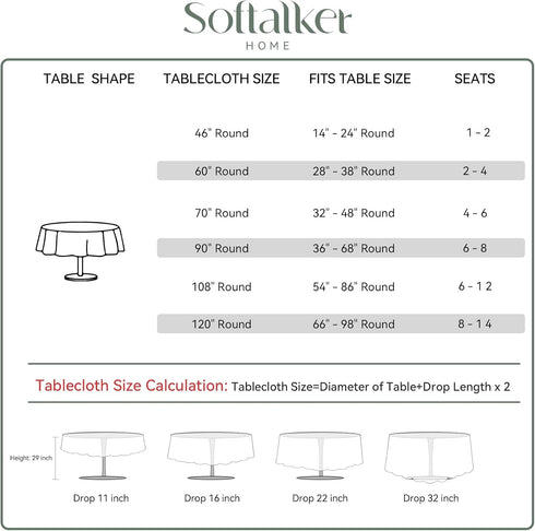 Softalker Round Tablecloth, Waterproof & Stain Resistant, Wrinkle Free Fabric Washable Polyester Table Cover for