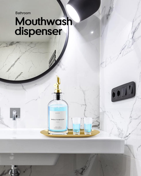 16oz Set Moryimi Mouthwash Dispenser, Glass Mouthwash Decanter for Bathroom, Mouth Wash Container Mouthwash Bottle