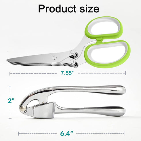 Garlic Press and Herb Scissors Set - 6 Pieces with Mincer and Multipurpose Scissors, Rustproof Kitchen Tools