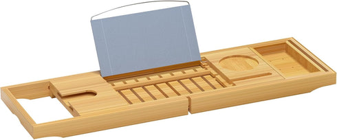 Sen Yi Bao Bamboo Luxury Bathtub Caddy Tray - Expandable Wood Bath Tray with Integrated Tablet, Smartphone, Wine Holder