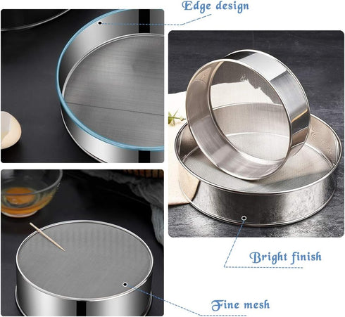 2 Pack Flour Sifter - Stainless Steel Fine Mesh Strainers, 60 Mesh Round Sifter for Baking