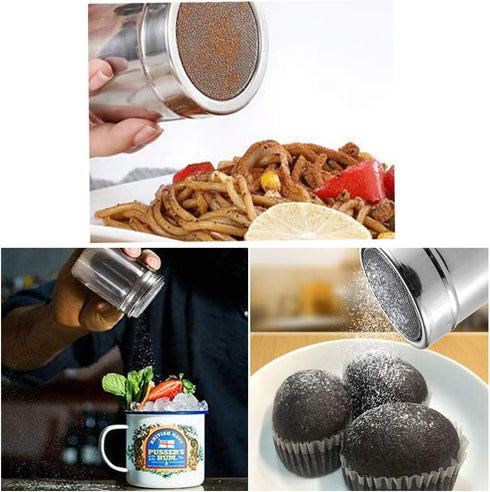 2 Pcs TuNan 10oz Stainless Steel Powder Shakers, Fine-Mesh Lid, Sugar Spice Seasoning Cans with 16 Stencils
