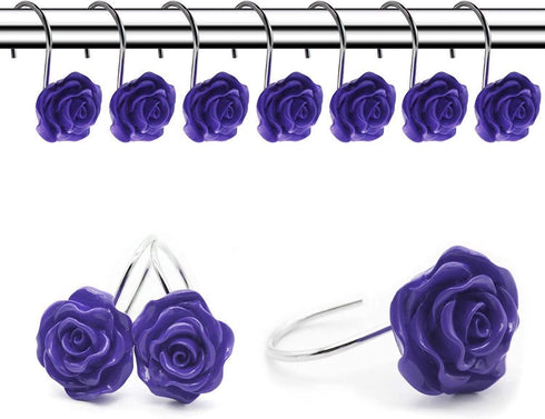 12 PCS Decorative Anti Rust Shower Curtain Hooks, Rose Design Shower Curtain Rings (Purple)