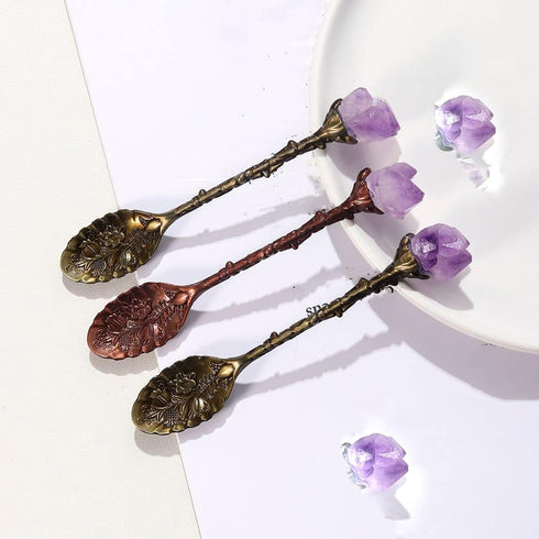 2pcs Retro Crystal Antique Spoon, Amethyst Crystal Alloy Mini Coffee Tea Spoons for Home Office Ice Cream