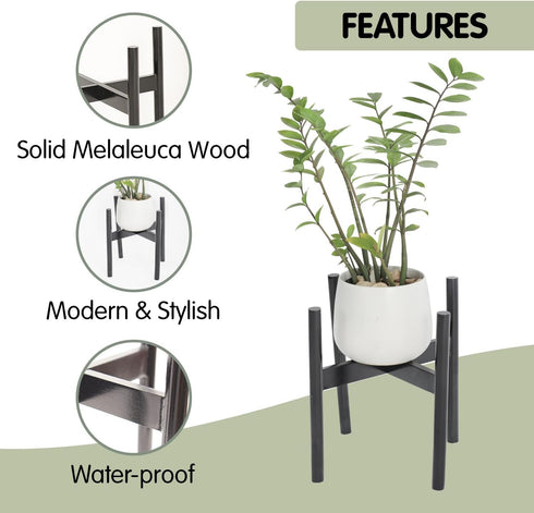 Wood 12.2" x 13.8" Plant Stand Indoor Outdoor, Wooden Single Floor Plant Pot Holder, Natural Plant Stand, Boho Plant Self Holder, Assembly Required (Black, Excluding Potted Plants)