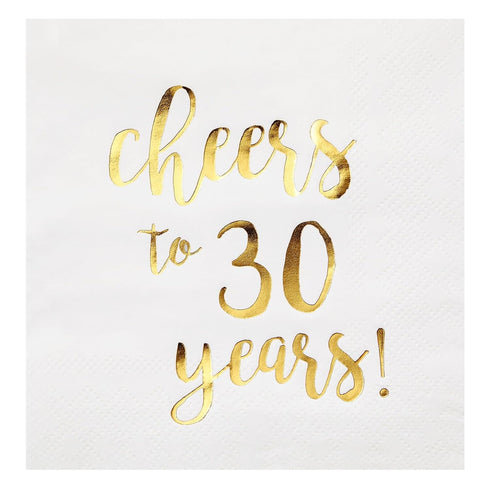 Juvale Cheers to 30 Years Cocktail Napkins, 5 x 5 In, 3-Ply White & Gold Foil, 50 Pack