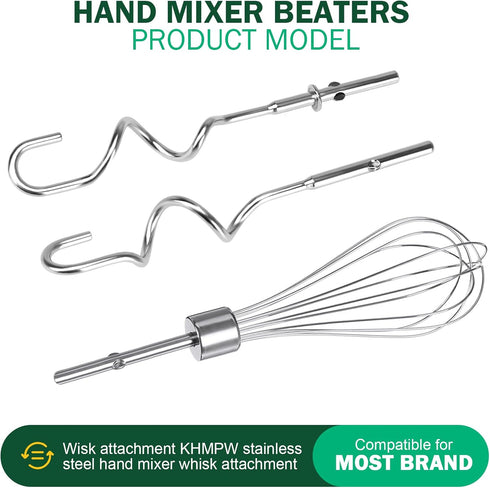 Hand Mixer Beaters for KitchenAid - Dough Hooks & Whisk Attachment, KHMPW Stainless Steel Egg Beater/Whisk, 3PCS