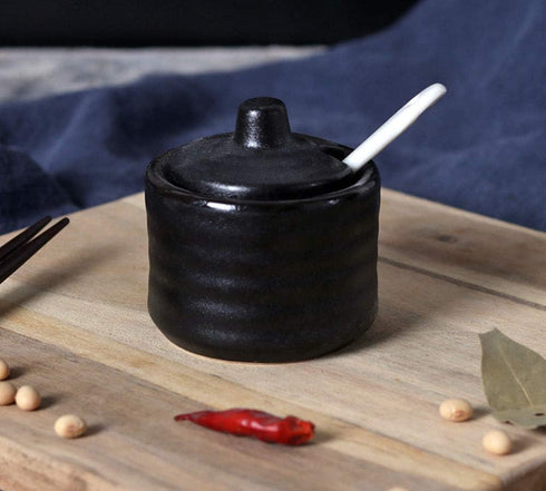 Ceramic Mini Sugar Bowl - Seasoning Pot Salt Pepper Storage Jar with Lid Spoon, 70ml