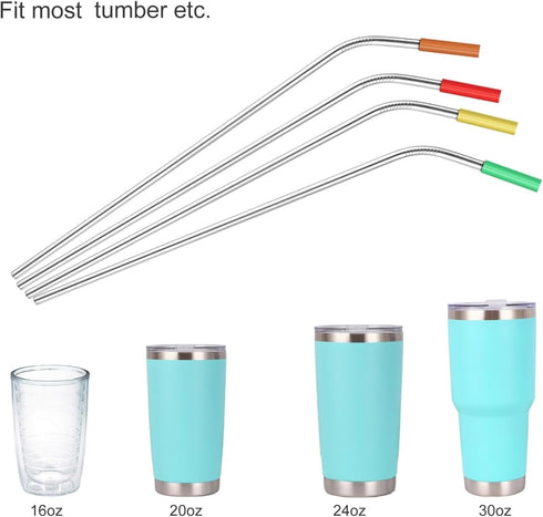 MUTNITT Set of 20 Reusable 10.5" Bent Stainless Steel Straws, 20 Silicone Tips, 5 Cleaning Brushes, 1 Travel Case,