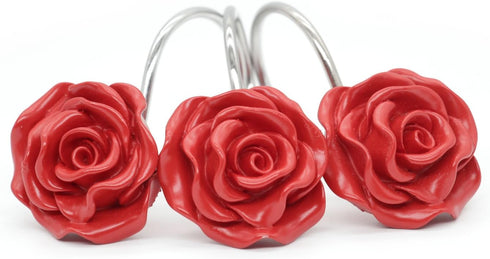 BEAVO Shower Curtain Hooks, Decorative Rustproof Resin Rose Flower Shower Hooks, Set of 12 (Red)