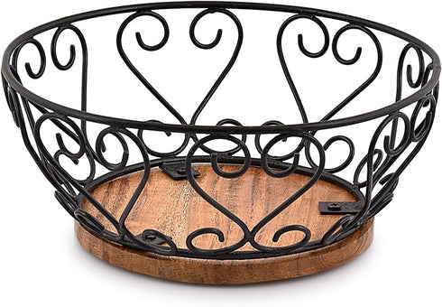 Iron Fruit Bowl with Wooden Base for Kitchen Countertop and Dining Room, 9" x 9" x 4"