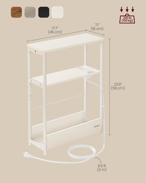 3-Tier ULET335W01 VASAGLE Side Table with Charging Station, Narrow End Table, Nightstand, Sofa Table for Small Spaces