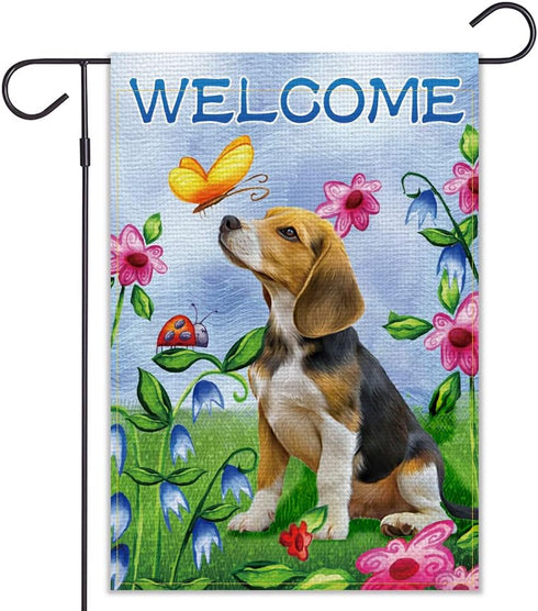 Welcome Dog Garden Flag, Vertical Double Sided Burlap Flower Summer Yard Outdoor Decor (12.5 x 18, Welcome Dog)