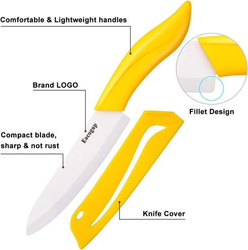 Updated Version Ceramic Knife Set 4-Piece Color with Sheaths (Includes 3" Paring Knife, 4" Fruit Knife, 5" Utility Knife, 6" Chef Knife) for Home Kitchen(Multicolour) by Eocogup