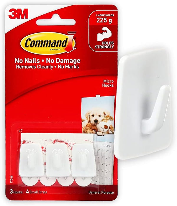 Command Micro Hooks, White, 3 Hooks, 4 Strips for Damage-Free Organizing