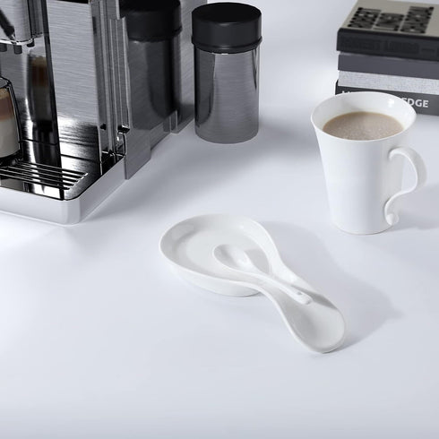 Large Porcelain Spoon Rest, Utensil Holder for Kitchen Counter, Dishwasher Safe (White)