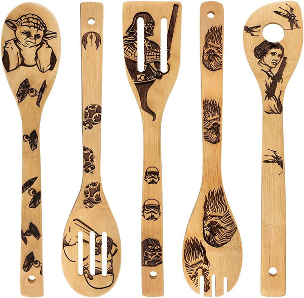 Star War Burned Wooden Spoons Utensil Set, Natural Bamboo Kitchen Cooking Serving Utensils