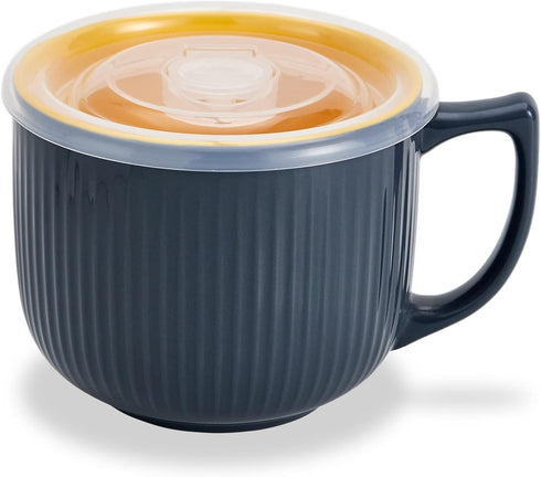Ceramic Soup Bowl with Handle and Vented Lid, 32oz Large Deep Soup Mug for Ramen and Instant Noodle, Microwave Safe,