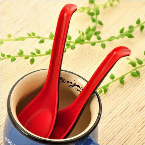 2 Pack Red and Black 6.5-Inch Asian Soup Spoon with Hook Fuji Chinese Japanese Korean Style for Melamine Won Ton Rice