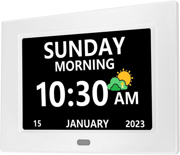 Large Display Digital Clock with Day and Date for Elderly, 7 Inch, 5 Alarm, 3 Medicine Reminders, Dementia Clock, White