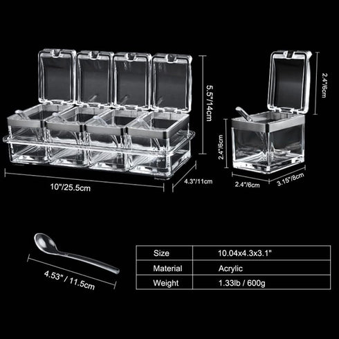 Seasoning Box - 4 Piece Clear Acrylic Spice Pots with Cover and Spoon, Storage Container for Condiments