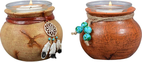 Southwest Pots Candle Holders – Set of 2 Rustic Votive Holders with Twine & Bead Accent – 3.6" x 2.8"
