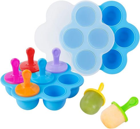 Webake Baby Food Freezer Trays with Lid, Silicone Ice Cube Molds with 7 Ice Pop Sticks, Set of 2
