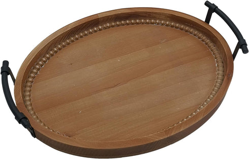 Oval Rustic Wooden Decorative Tray, Serving Tray with Metal Handles, Ottoman Coffee Table Tray, Farmhouse Centerpiece