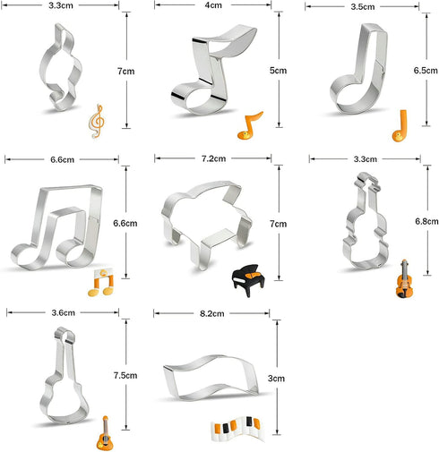 Music Note Cookie Cutter Shapes Set, 8 Pieces Stainless Steel for G Clef, Eighth Note, Piano, Violin, Guitar