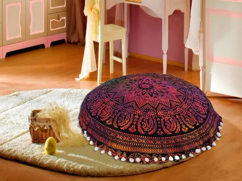 22 Inch Throw Floor Pillow Covers Tie Dye Round Pouf Seating Home Decor Flower Printed Indian Mandala Ottoman Cotton