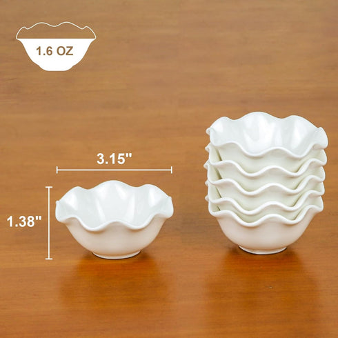 Porcelain Pinch Bowls Set of 6 - 1.6 oz Small Ruffle Design Bowls for Meal Prep and Dippings