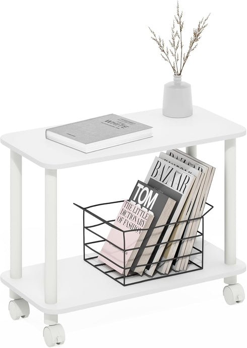 Furinno Turn-N-Tube Side Table, 2-Tier Rectangle Sofa End Table with Wheels, Round