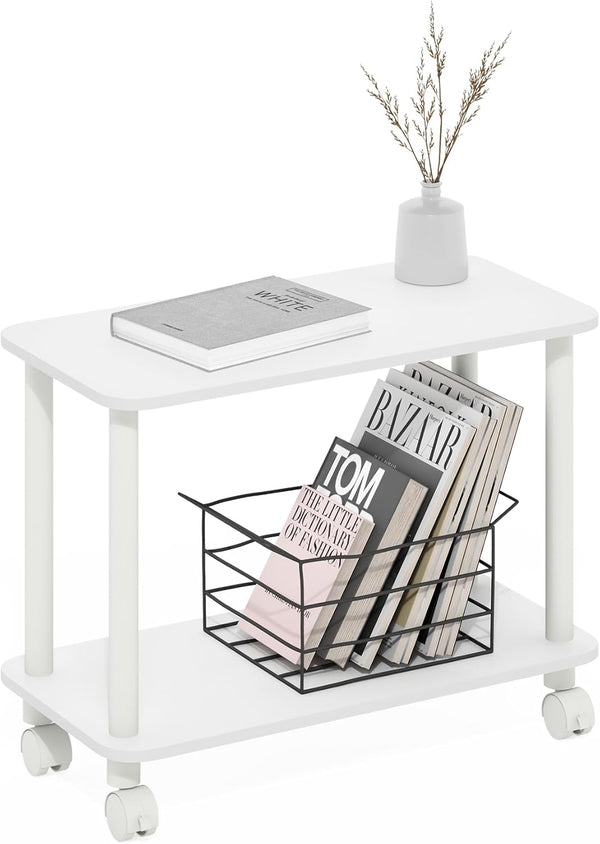 Furinno Turn-N-Tube Side Table, 2-Tier Rectangle Sofa End Table with Wheels, Round