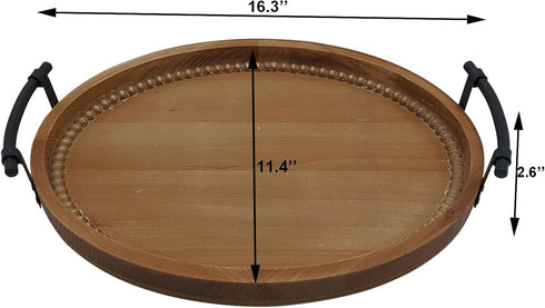 Oval Rustic Wooden Decorative Tray, Serving Tray with Metal Handles, Ottoman Coffee Table Tray, Farmhouse Centerpiece