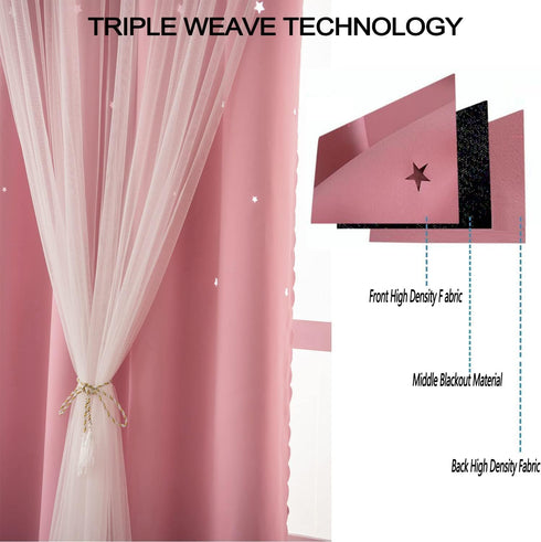 72 Inch (W52 L72 Inches2 Pink Curtains for Girls Bedroom Living Room Length Star Cut Out Double Layer Blackout Curtains
