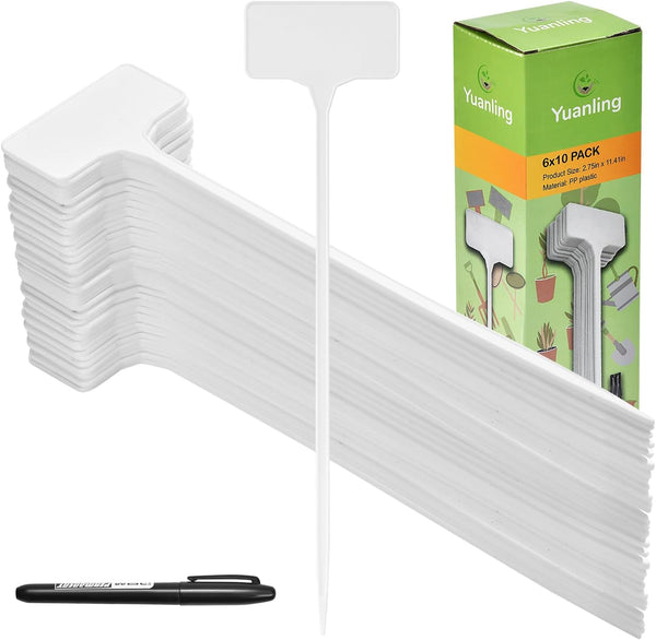 Yuanling 60PCS T-Type Plant Labels, 11.4" Large Waterproof Plastic Tags for Indoor Outdoor Plants, White